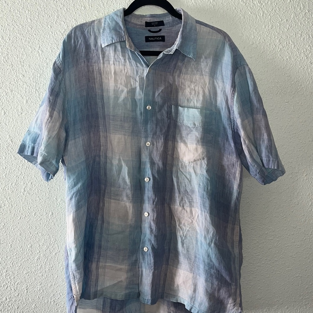 Men’s Náutica Linen Short sleeve button down shirt SZ Large blue white